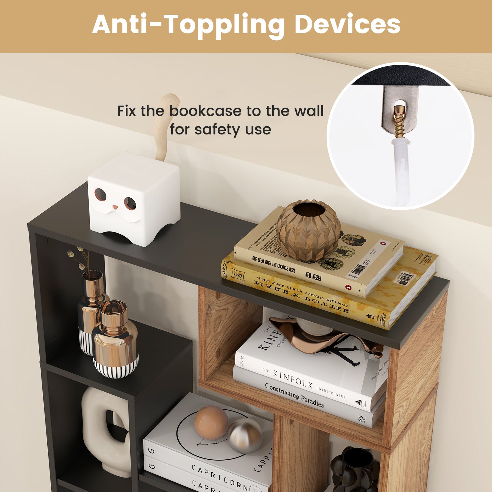 47-Inch Tall Bookshelf for Home Office Living Room, Natural & Black Bookcases at Gallery Canada