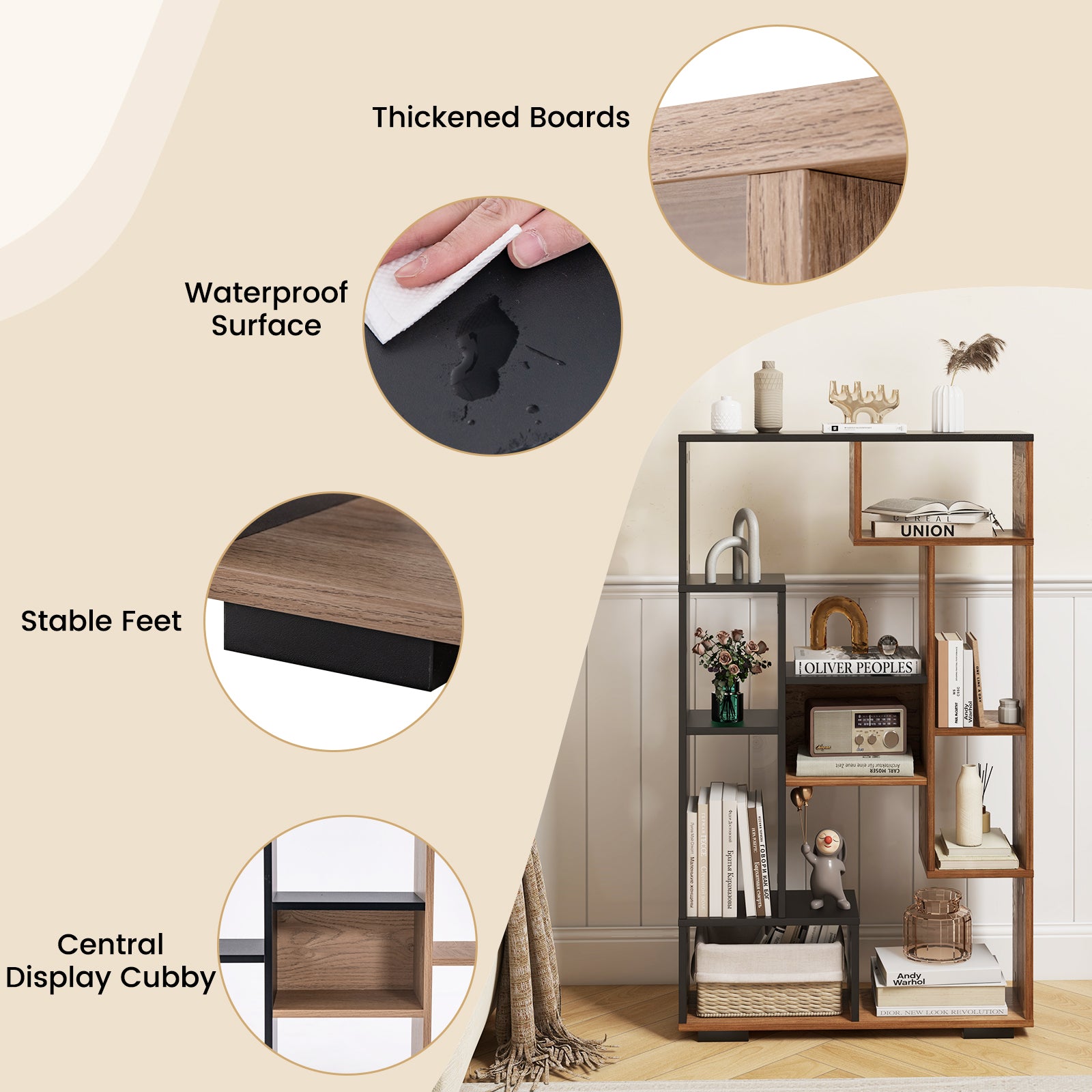 47-Inch Tall Bookshelf for Home Office Living Room, Natural & Black Bookcases at Gallery Canada