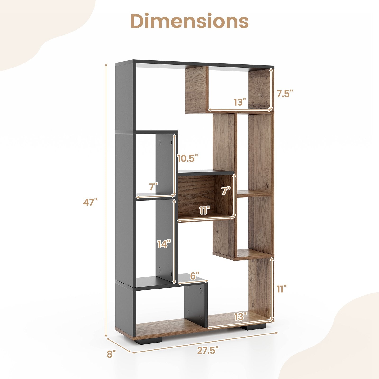 47-Inch Tall Bookshelf for Home Office Living Room, Natural & Black Bookcases at Gallery Canada