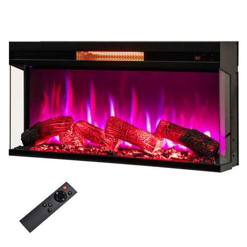 36 Inch 3-Sided 1500W Electric Fireplace, 7-Color Flame, Black