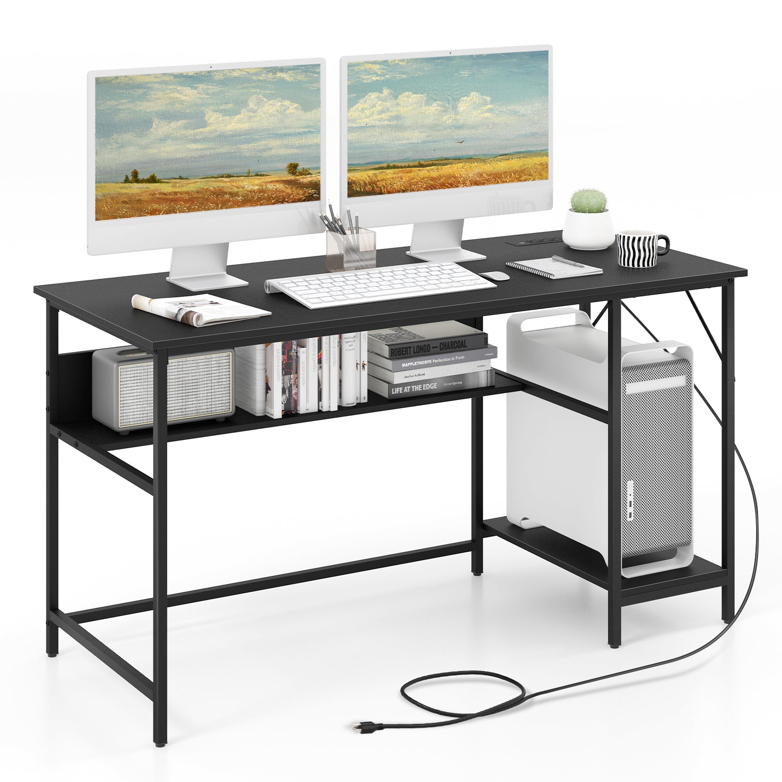 55 Inch Computer Desk with 4 Power Outlets and CPU Stand, Black Computer Desks at Gallery Canada