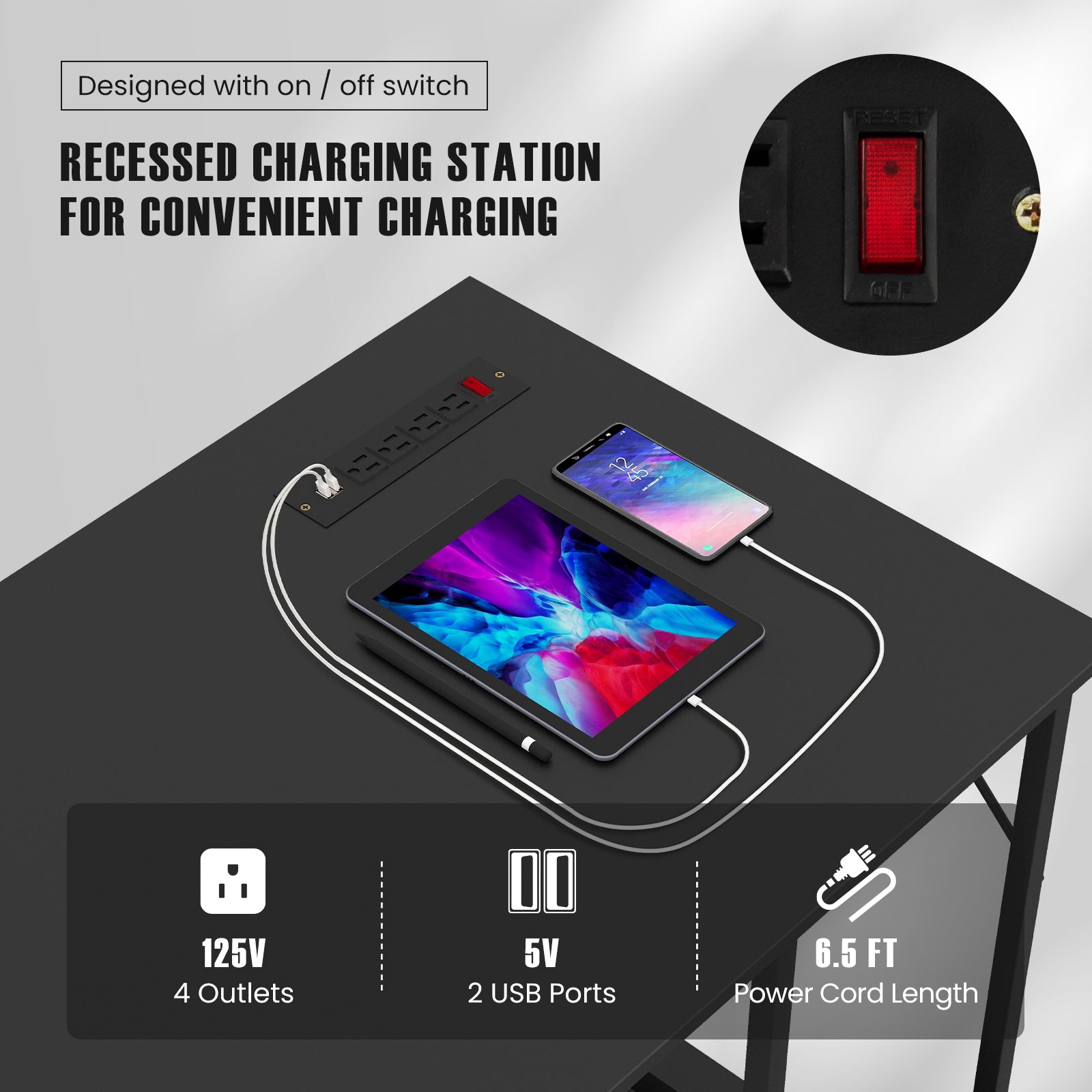 55 Inch Computer Desk with 4 Power Outlets and CPU Stand, Black Computer Desks at Gallery Canada