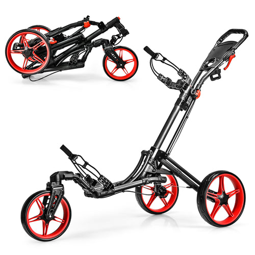 Folding Golf Push Cart, Adjustable Handle, Swivel Wheel, Red