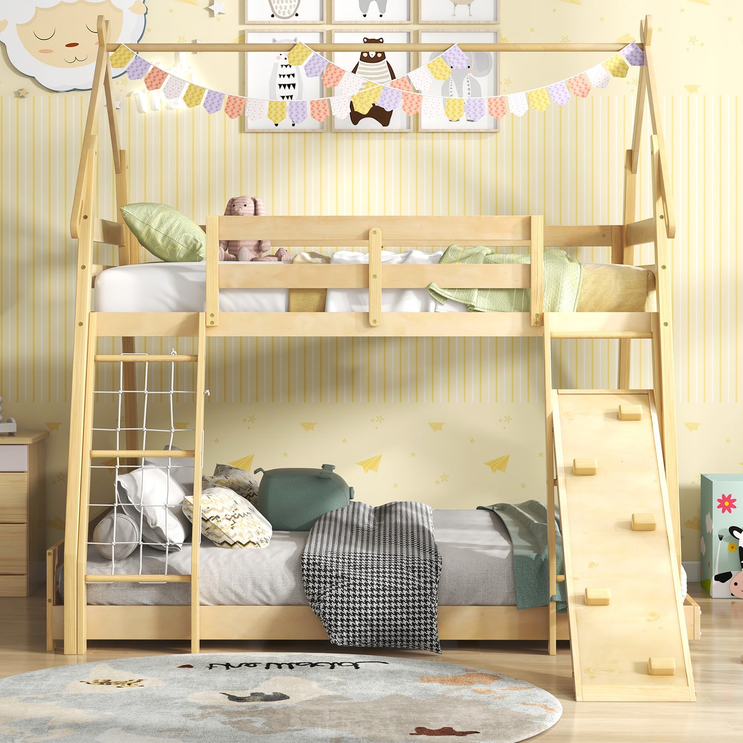 Twin Over Queen Bunk Bed Wooden Kids Bed with Climbing Nets and Ramp, Natural Toddler Beds at Gallery Canada