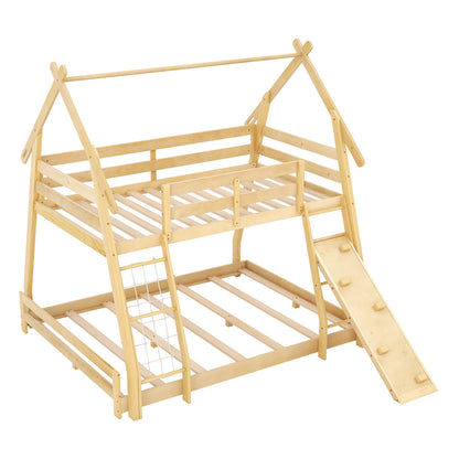 Twin Over Queen Bunk Bed Wooden Kids Bed with Climbing Nets and Ramp, Natural Toddler Beds at Gallery Canada
