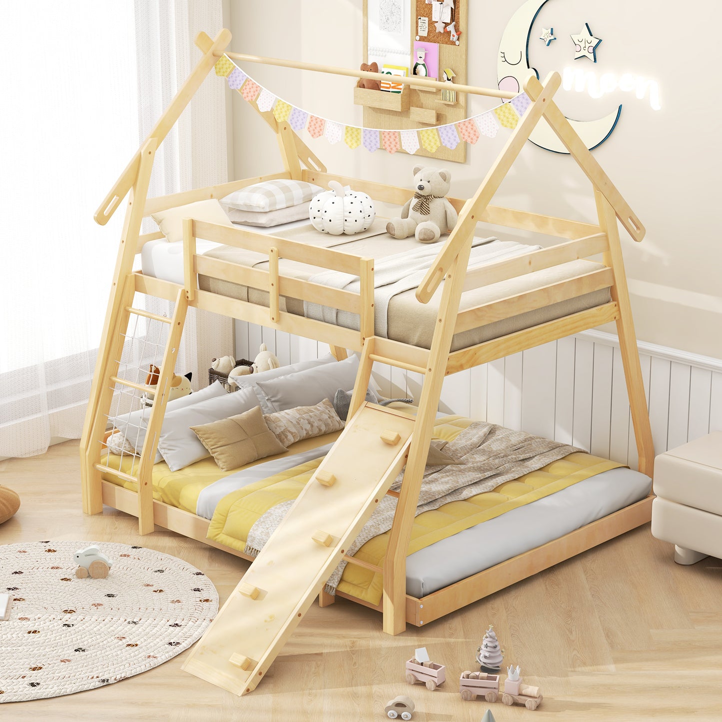 Twin Over Queen Bunk Bed Wooden Kids Bed with Climbing Nets and Ramp, Natural Toddler Beds at Gallery Canada