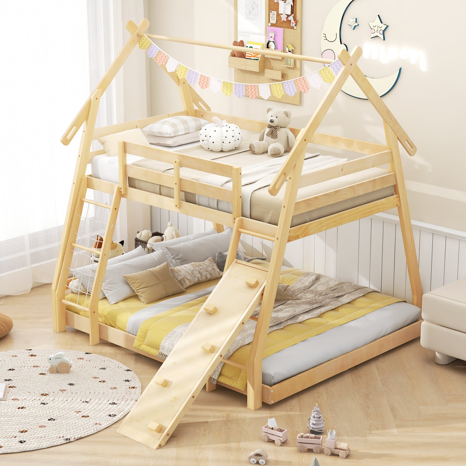 Twin Over Queen Bunk Bed Wooden Kids Bed with Climbing Nets and Ramp, Natural Toddler Beds at Gallery Canada