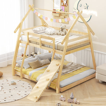 Twin Over Queen Bunk Bed Wooden Kids Bed with Climbing Nets and Ramp, Natural Toddler Beds at Gallery Canada