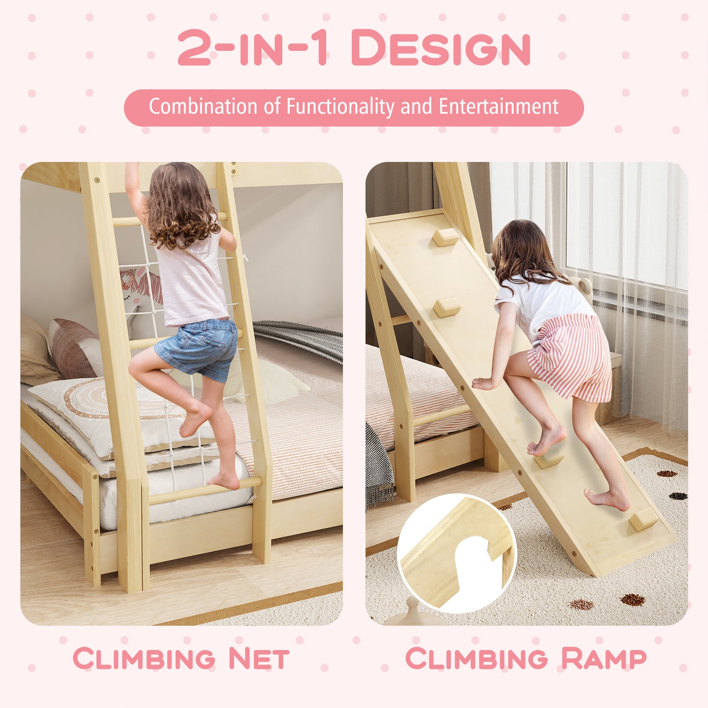 Twin Over Queen Bunk Bed Wooden Kids Bed with Climbing Nets and Ramp, Natural Toddler Beds at Gallery Canada