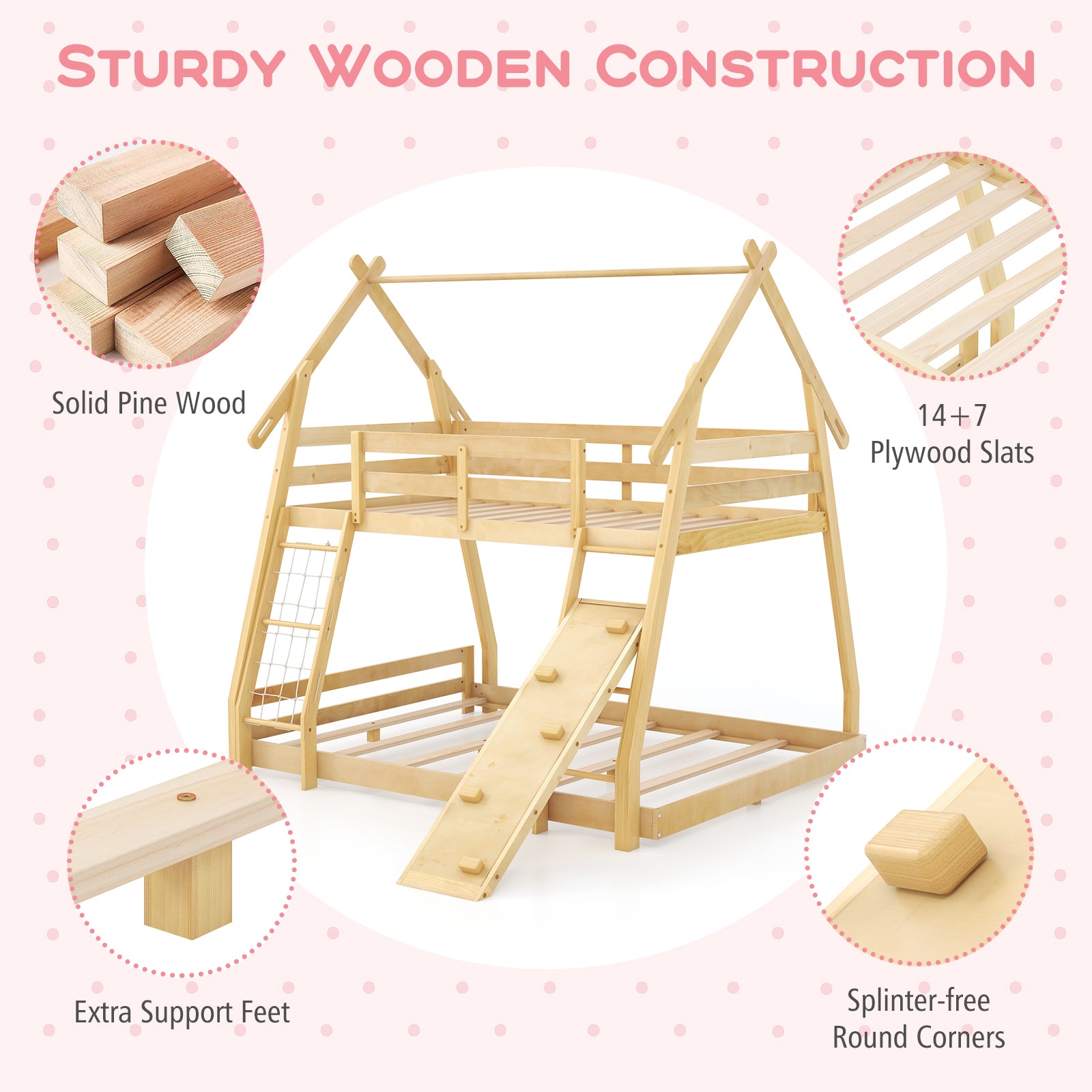 Twin Over Queen Bunk Bed Wooden Kids Bed with Climbing Nets and Ramp, Natural Toddler Beds at Gallery Canada