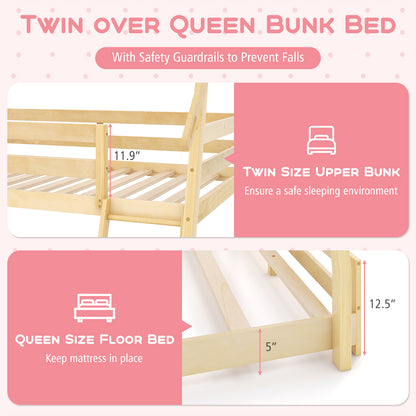 Twin Over Queen Bunk Bed Wooden Kids Bed with Climbing Nets and Ramp, Natural Toddler Beds at Gallery Canada