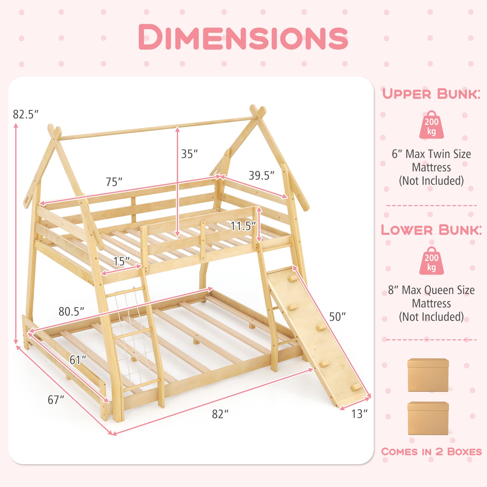 Twin Over Queen Bunk Bed Wooden Kids Bed with Climbing Nets and Ramp, Natural Toddler Beds at Gallery Canada