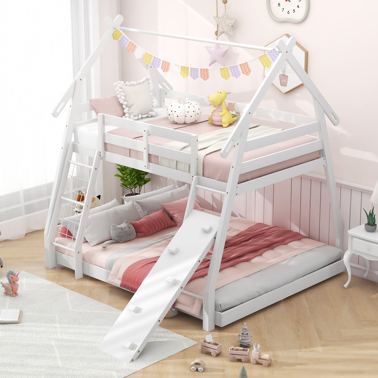 Twin Over Queen Bunk Bed Wooden Kids Bed with Climbing Nets and Ramp, White Toddler Beds at Gallery Canada