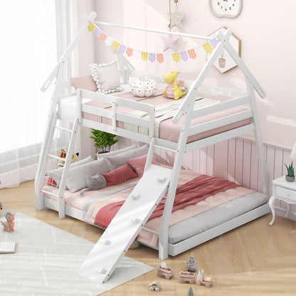 Twin Over Queen Bunk Bed Wooden Kids Bed with Climbing Nets and Ramp, White Toddler Beds at Gallery Canada