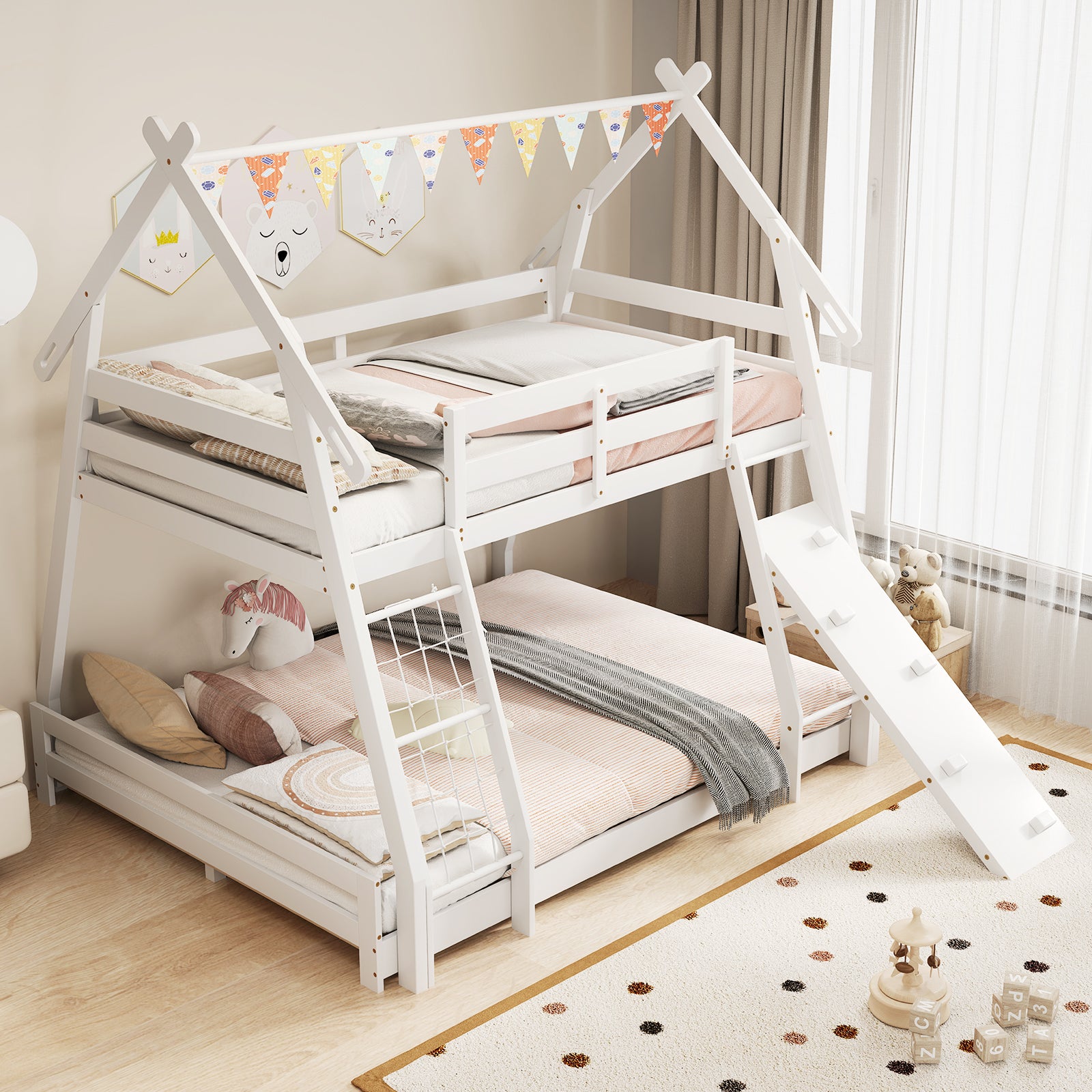 Twin Over Queen Bunk Bed Wooden Kids Bed with Climbing Nets and Ramp, White Toddler Beds at Gallery Canada