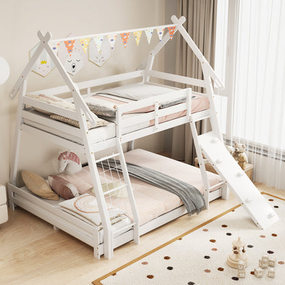 Twin Over Queen Bunk Bed Wooden Kids Bed with Climbing Nets and Ramp, White Toddler Beds at Gallery Canada