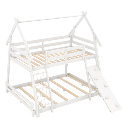 Twin Over Queen Bunk Bed Wooden Kids Bed with Climbing Nets and Ramp, White Toddler Beds White at Gallery Canada