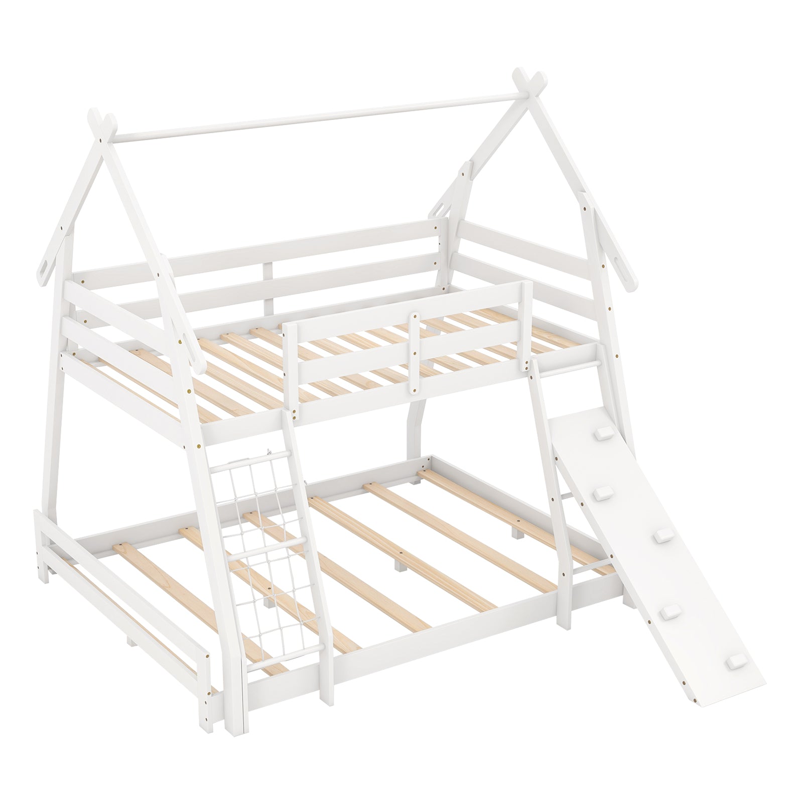 Twin Over Queen Bunk Bed Wooden Kids Bed with Climbing Nets and Ramp, White Toddler Beds at Gallery Canada