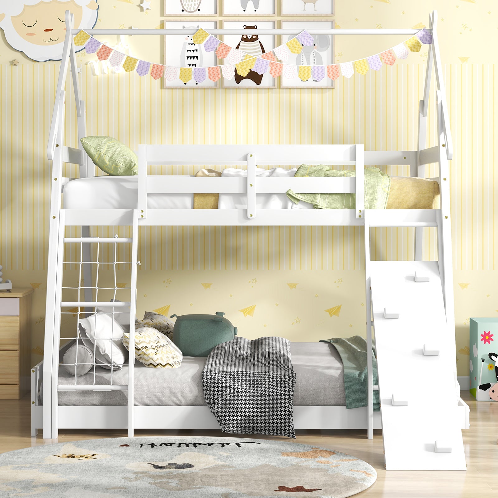 Twin Over Queen Bunk Bed Wooden Kids Bed with Climbing Nets and Ramp, White Toddler Beds at Gallery Canada