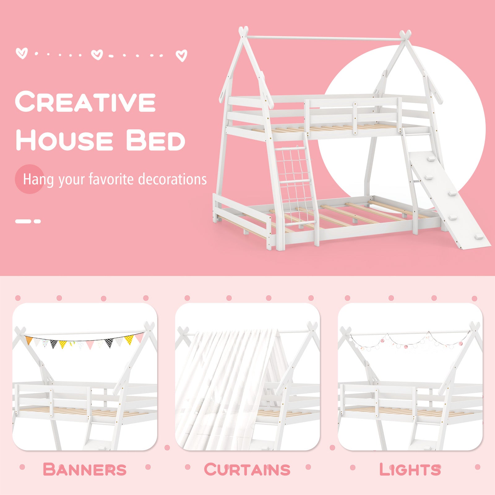 Twin Over Queen Bunk Bed Wooden Kids Bed with Climbing Nets and Ramp, White Toddler Beds at Gallery Canada