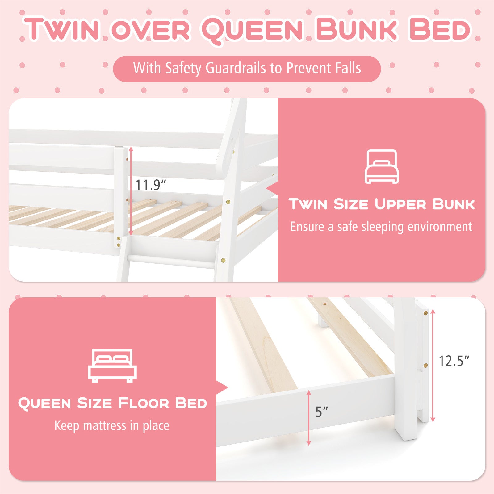 Twin Over Queen Bunk Bed Wooden Kids Bed with Climbing Nets and Ramp, White Toddler Beds at Gallery Canada