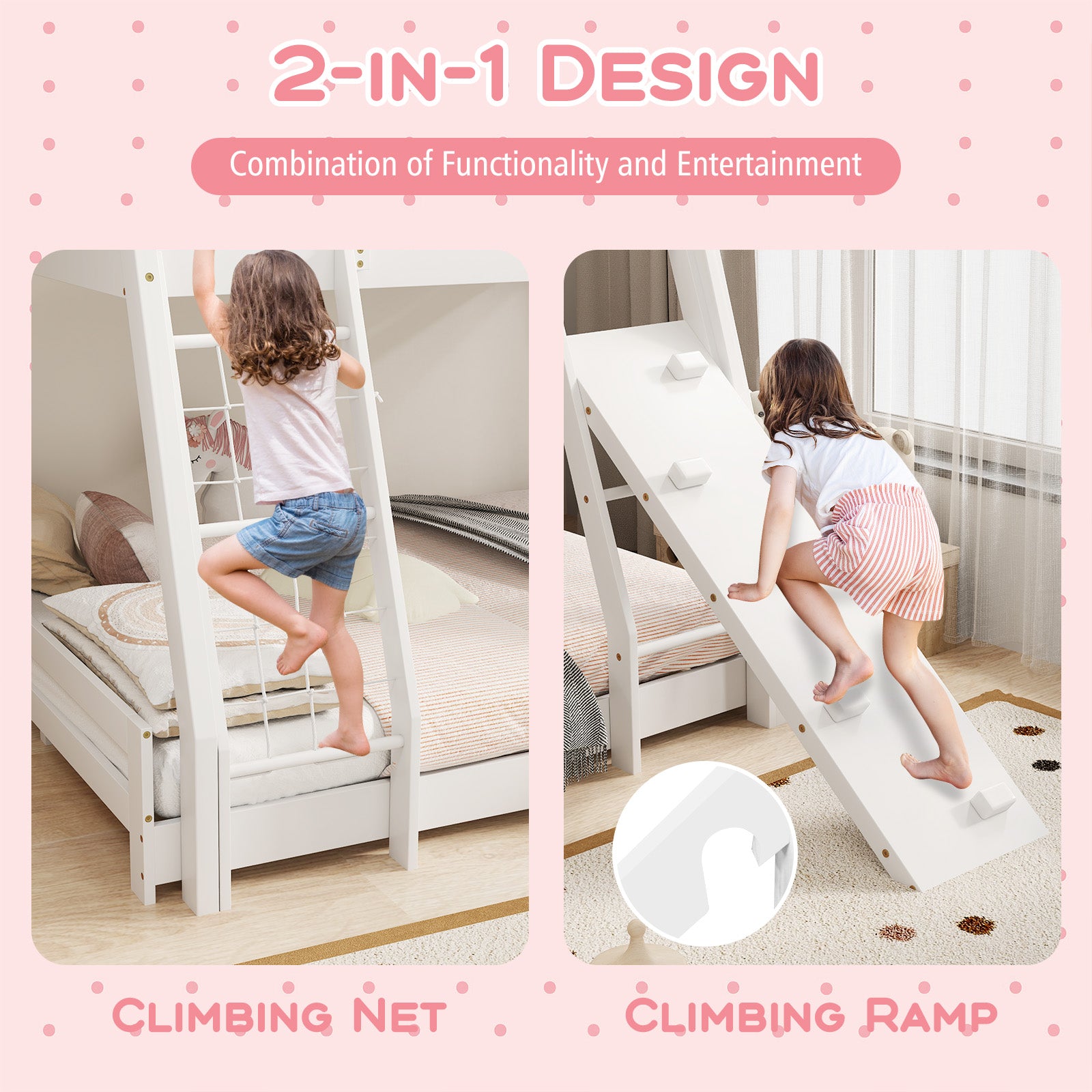 Twin Over Queen Bunk Bed Wooden Kids Bed with Climbing Nets and Ramp, White Toddler Beds at Gallery Canada