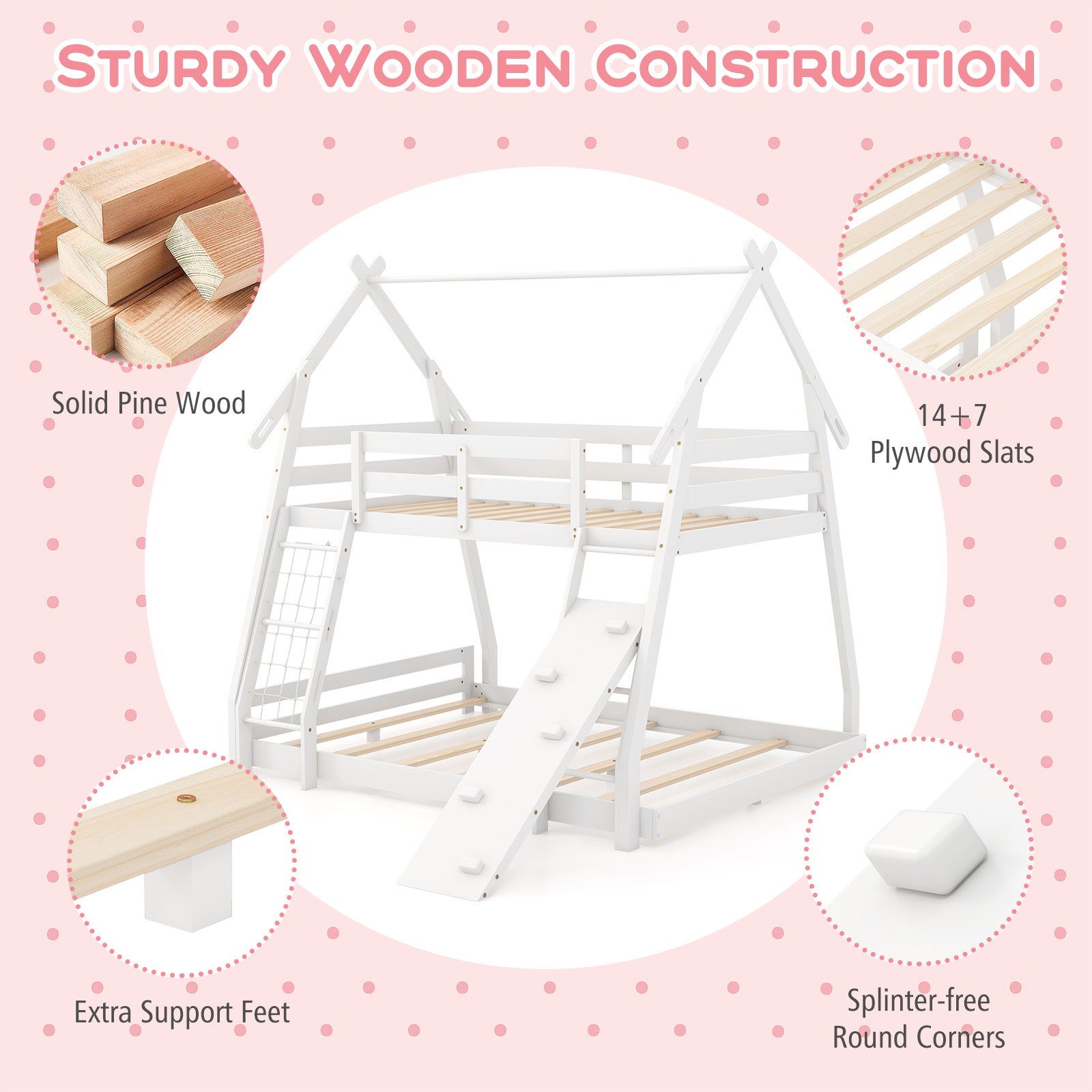 Twin Over Queen Bunk Bed Wooden Kids Bed with Climbing Nets and Ramp, White Toddler Beds at Gallery Canada