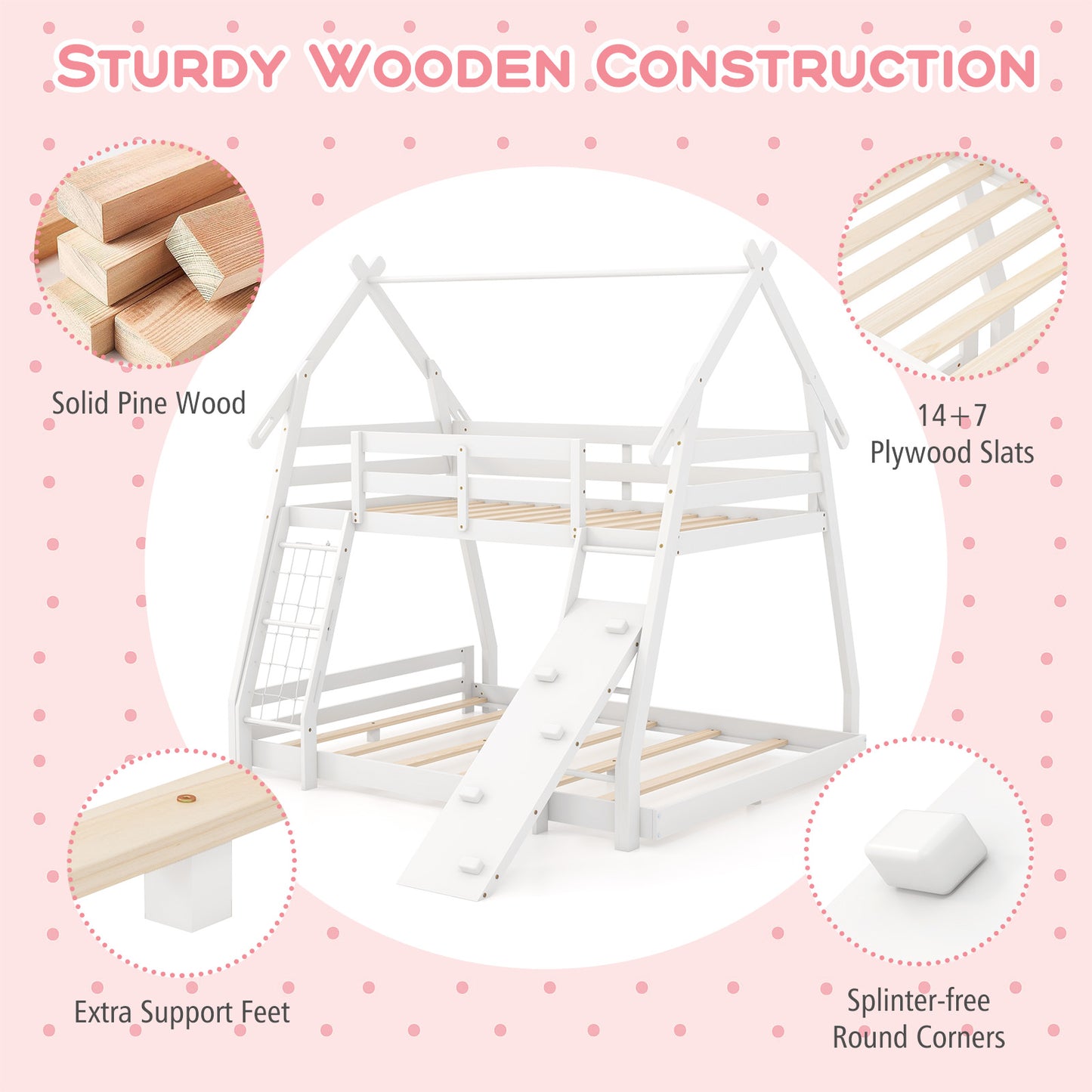 Twin Over Queen Bunk Bed Wooden Kids Bed with Climbing Nets and Ramp, White Toddler Beds at Gallery Canada