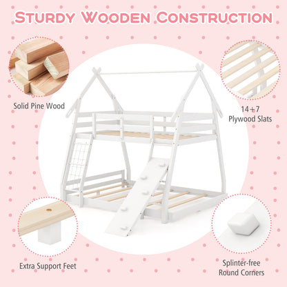 Twin Over Queen Bunk Bed Wooden Kids Bed with Climbing Nets and Ramp, White Toddler Beds at Gallery Canada