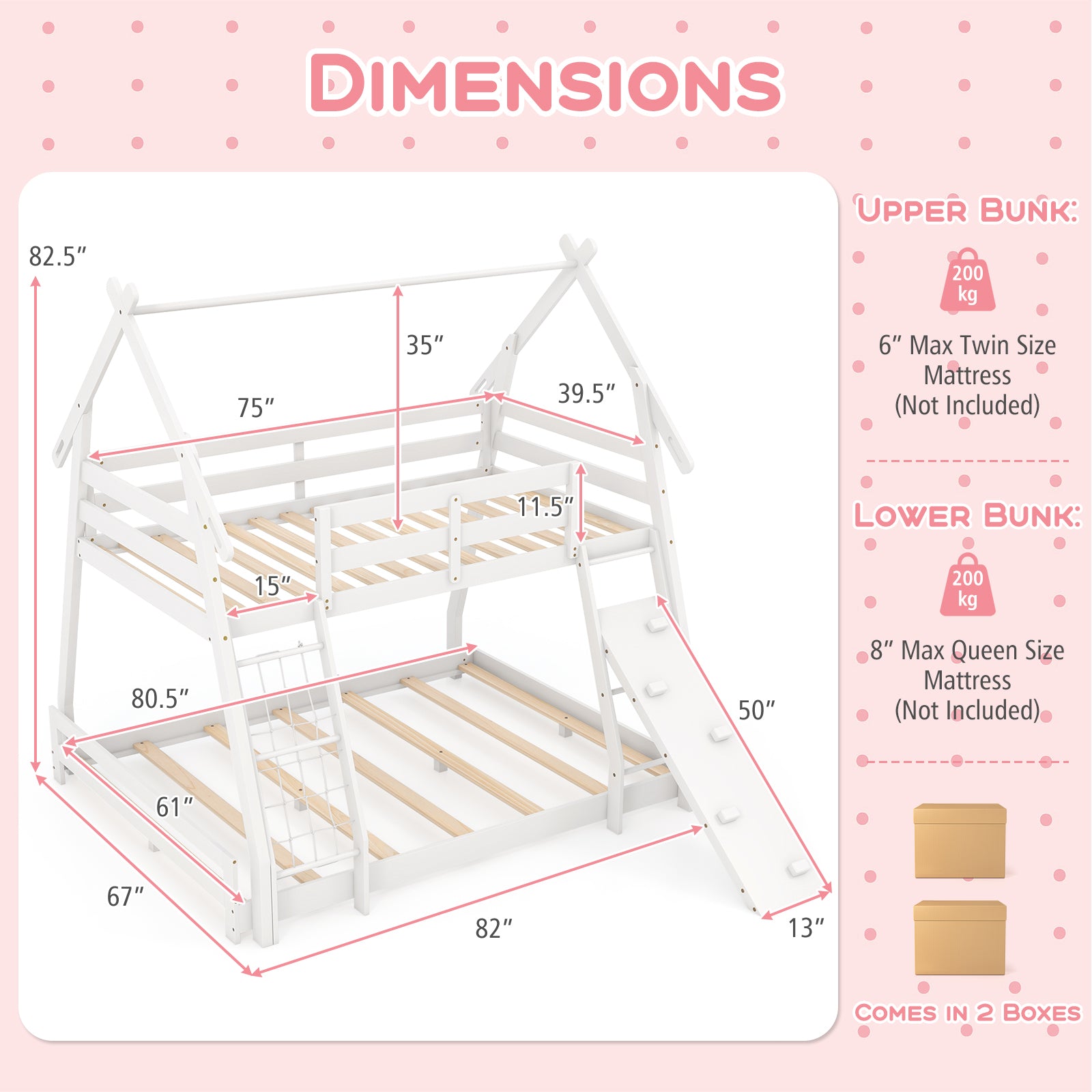 Twin Over Queen Bunk Bed Wooden Kids Bed with Climbing Nets and Ramp, White Toddler Beds at Gallery Canada