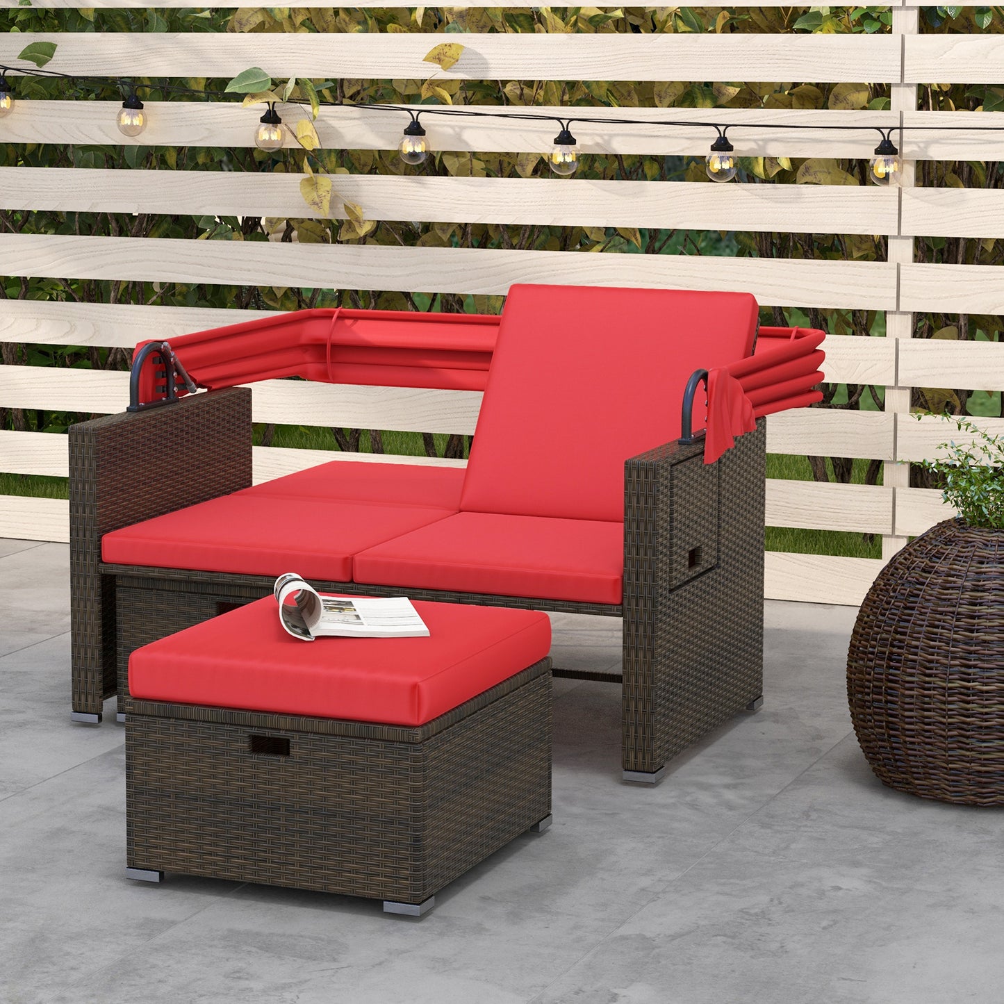 Outdoor Patio Rattan Daybed with Retractable Canopy and Adjustable Backrests, Red Outdoor Sectionals at Gallery Canada