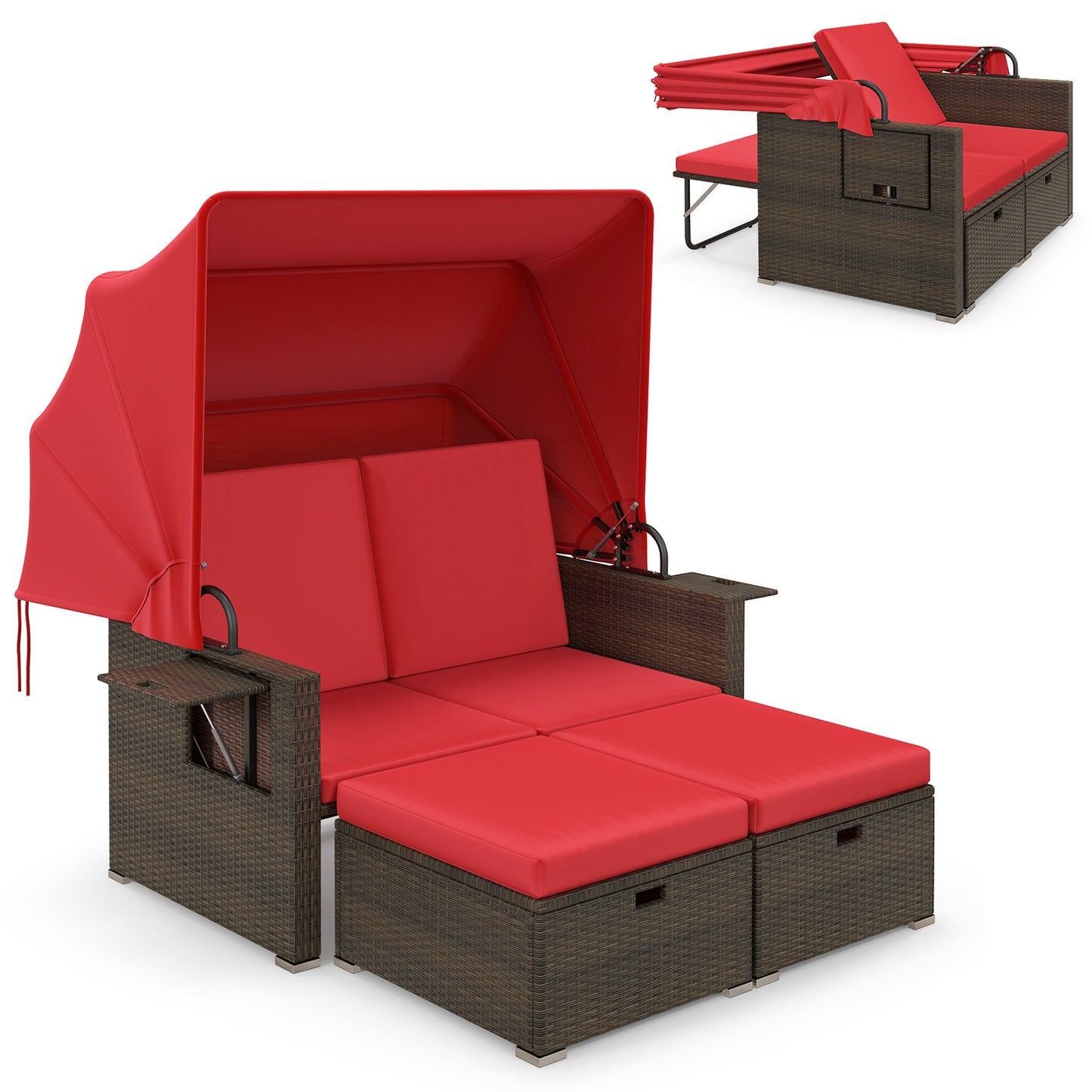 Outdoor Patio Rattan Daybed with Retractable Canopy and Adjustable Backrests, Red Outdoor Sectionals at Gallery Canada