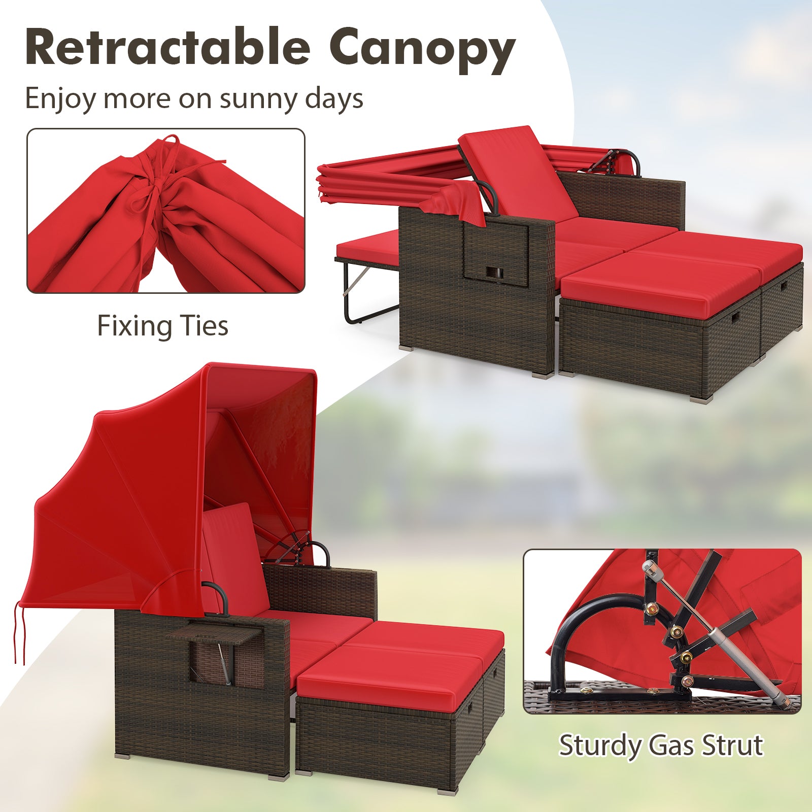 Outdoor Patio Rattan Daybed with Retractable Canopy and Adjustable Backrests, Red Outdoor Sectionals at Gallery Canada