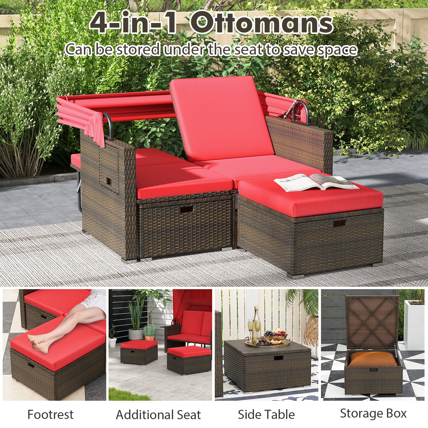 Outdoor Patio Rattan Daybed with Retractable Canopy and Adjustable Backrests, Red Outdoor Sectionals at Gallery Canada