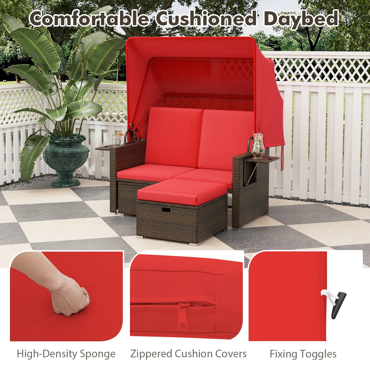 Outdoor Patio Rattan Daybed with Retractable Canopy and Adjustable Backrests, Red Outdoor Sectionals at Gallery Canada