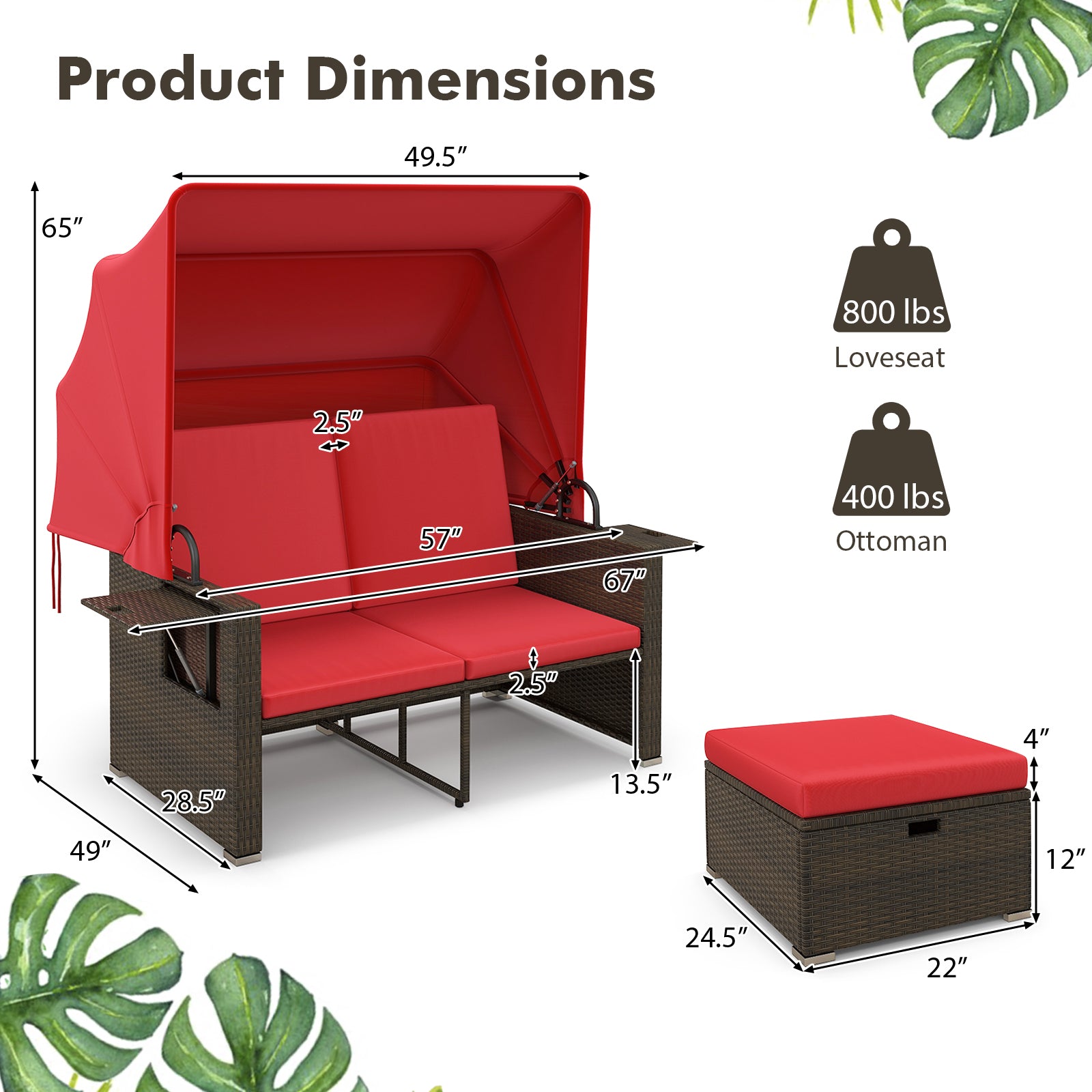 Outdoor Patio Rattan Daybed with Retractable Canopy and Adjustable Backrests, Red Outdoor Sectionals at Gallery Canada