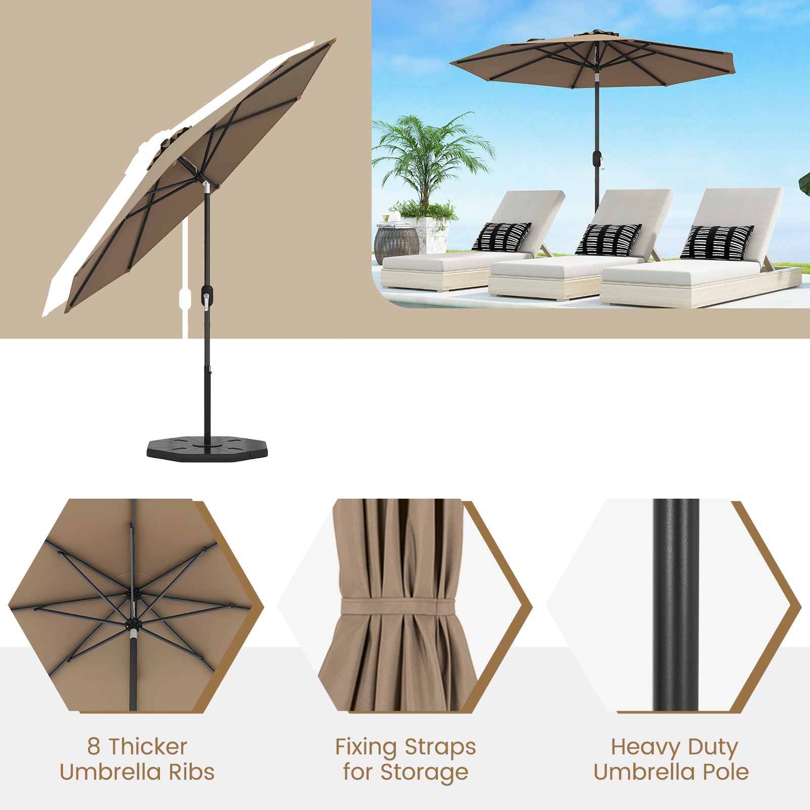 9 ft Outdoor Market Patio Table Umbrella Push Button Tilt Crank Lift, Tan Outdoor Umbrellas at Gallery Canada