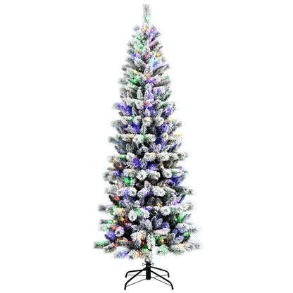 7.5 Feet Pre-Lit Snow Flocked Christmas Tree, 9 Modes Lights, White