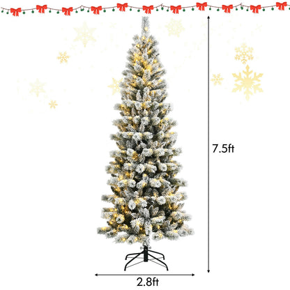 7.5 Feet Pre-Lit Hinged Christmas Tree Snow Flocked with 9 Modes Lights, White Christmas Tree at Gallery Canada