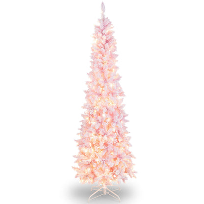 7 Feet Pre-Lit Snow Flocked Pencil Christmas Tree, 300 Lights, 8 Modes, Pink Christmas Tree Pink at Gallery Canada