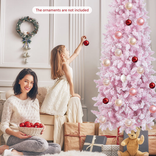 7 Feet Pre-Lit Snow Flocked Pencil Christmas Tree, 300 Lights, 8 Modes, Pink Christmas Tree Pink at Gallery Canada
