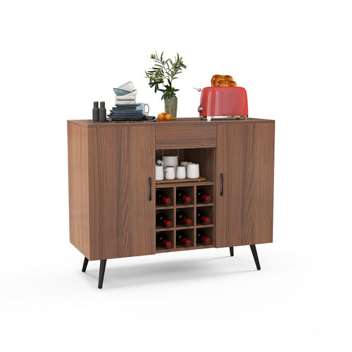 Mid-century Modern Buffet Sideboard Server Cabinet with 9-Bottle Wine Rack, Walnut