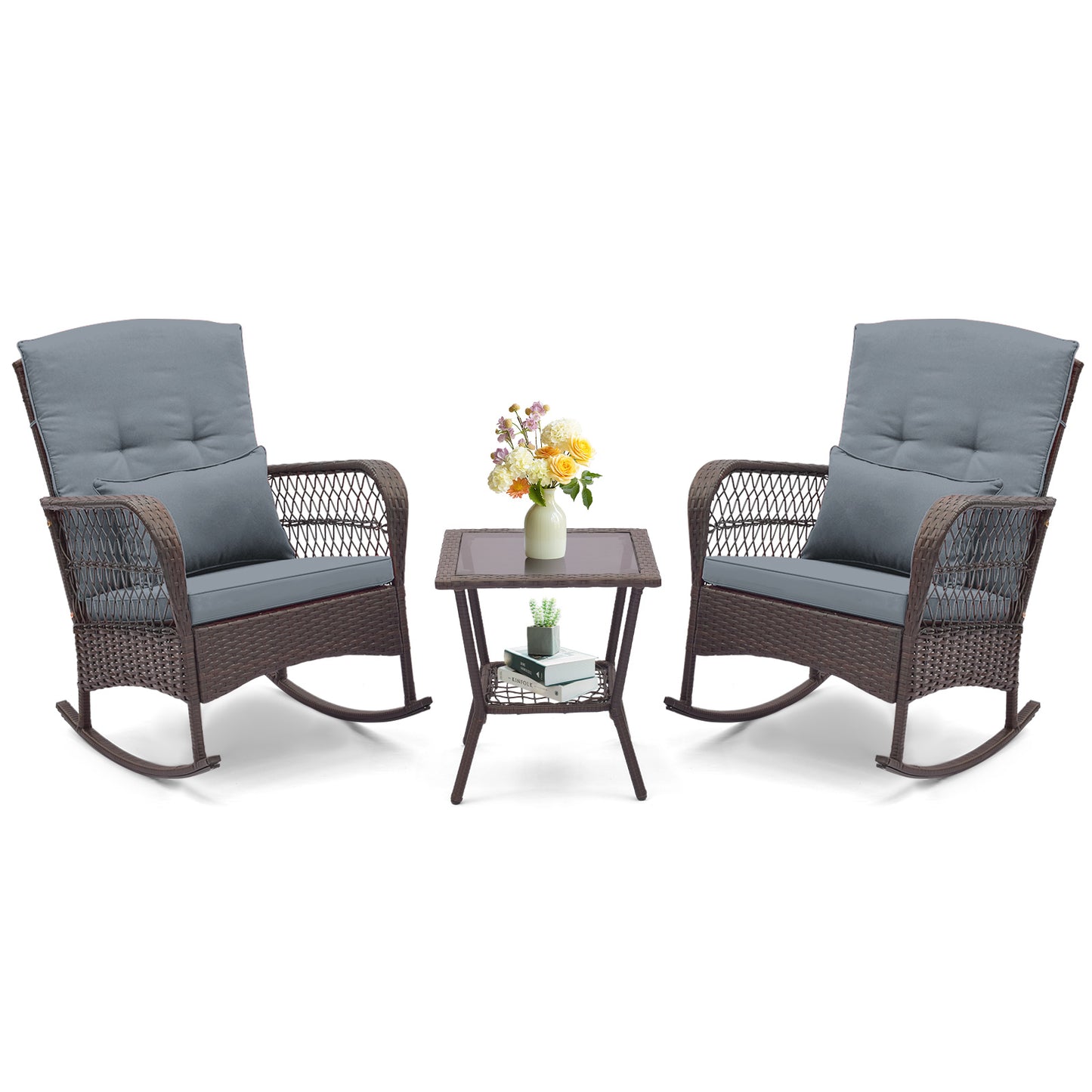 3 Pieces Rocking Bistro Set with 2-Tier Coffee Table, Gray Patio Conversation Sets at Gallery Canada