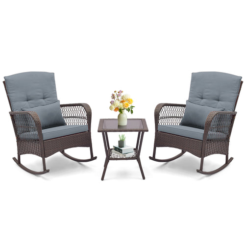 3-Piece Rocking Bistro Set With 2-Tier Coffee Table, Gray