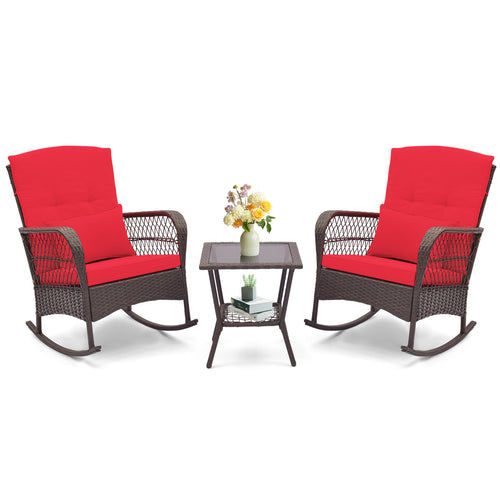 3 Piece Rocking Bistro Set, 2-Tier Coffee Table, Red