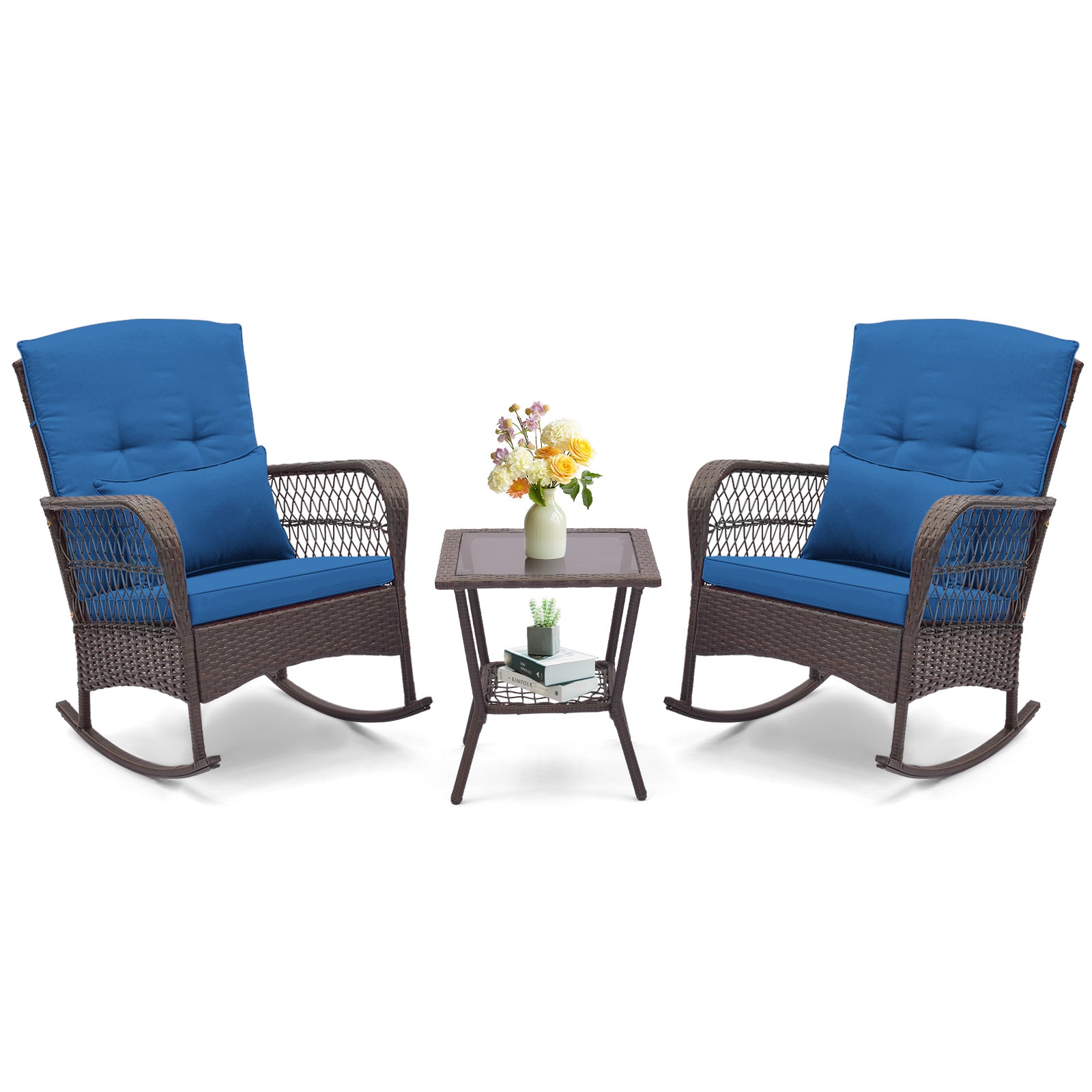 3-Piece Rocking Bistro Set With 2-Tier Coffee Table, Blue Patio Conversation Sets Blue at Gallery Canada