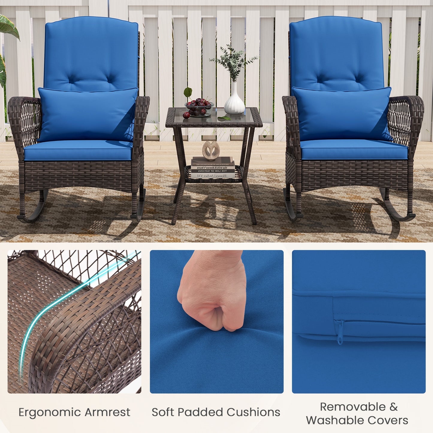 3-Piece Rocking Bistro Set With 2-Tier Coffee Table, Blue Patio Conversation Sets at Gallery Canada