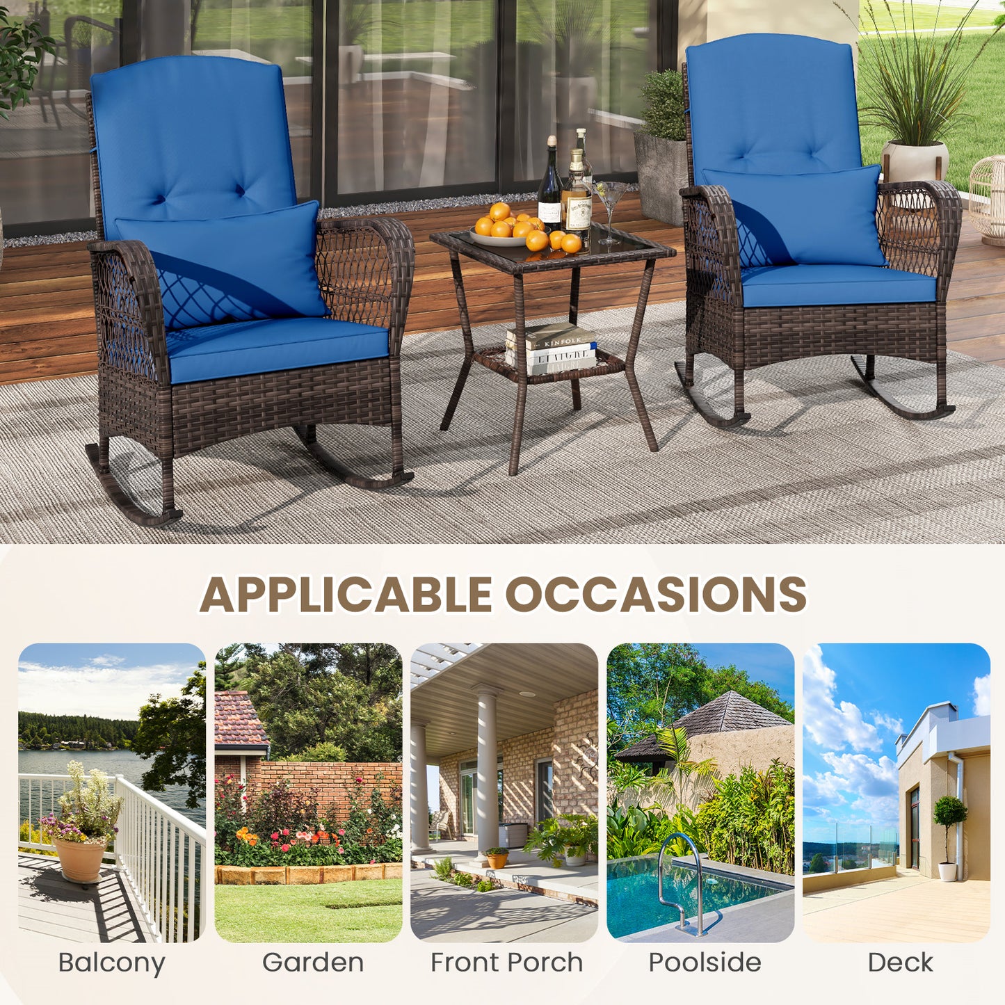 3-Piece Rocking Bistro Set With 2-Tier Coffee Table, Blue Patio Conversation Sets at Gallery Canada