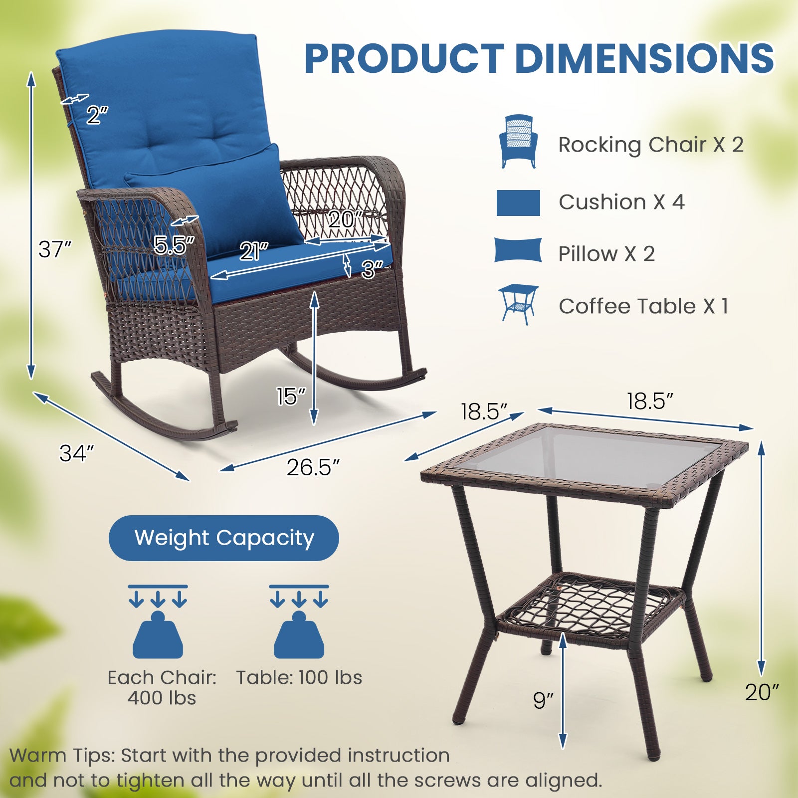3-Piece Rocking Bistro Set With 2-Tier Coffee Table, Blue Patio Conversation Sets at Gallery Canada