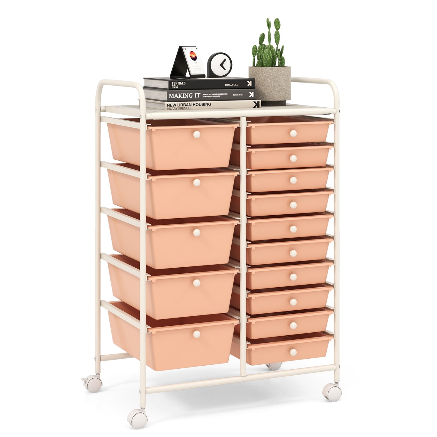 15-Drawer Utility Rolling Organizer Cart Multi-Use Storage, Peach File Cabinets Peach at Gallery Canada